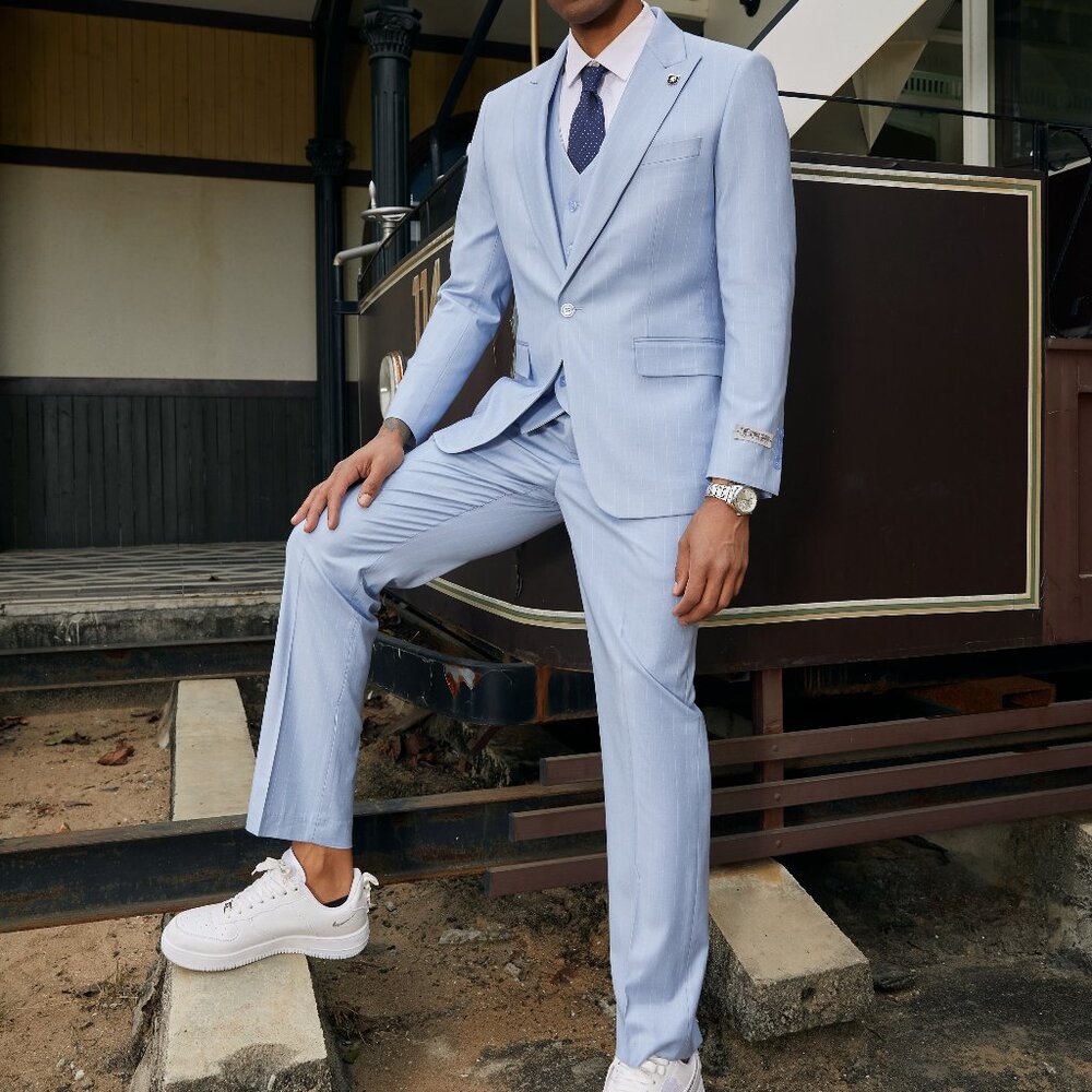 Baby Blue Pinstripe Peak Lapel 3 Piece Stacy Adams Men's Suit